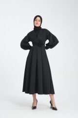 Rose Gül Detaylı Scuba Elbise  - SİYAH