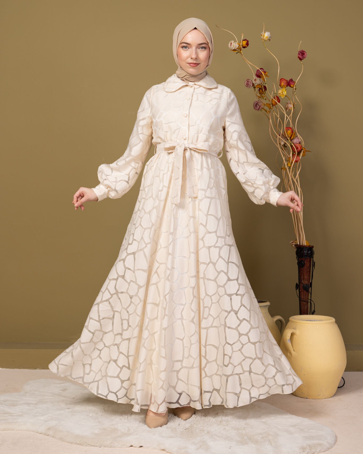 Elegance Kendinden Desenli Astarlı -Ekru