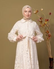 Rüya Elbise Kendinde Desenli Astarlı -Ekru