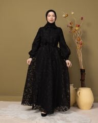 Rüya Elbise Kendinde Desenli Astarlı -Siyah