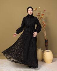 Rüya Elbise Kendinde Desenli Astarlı -Siyah