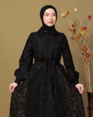 Rüya Elbise Kendinde Desenli Astarlı -Siyah