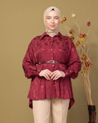 Eliza Saten Gömlek Desenli Taş Düğmeli-Bordo