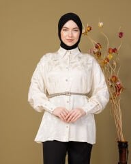 Eliza Saten Gömlek Desenli Taş Düğmeli-Ekru