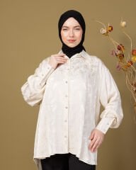 Eliza Saten Gömlek Desenli Taş Düğmeli-Ekru