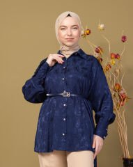 Lova Saten Gömlek  Desenli Taş Düğmeli-Lacivert