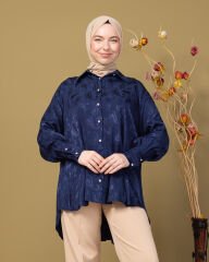Lova Saten Gömlek  Desenli Taş Düğmeli-Lacivert