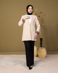 Leopar Dokunuş Blazer Ceket Astarlı Düğmeli-Ekru