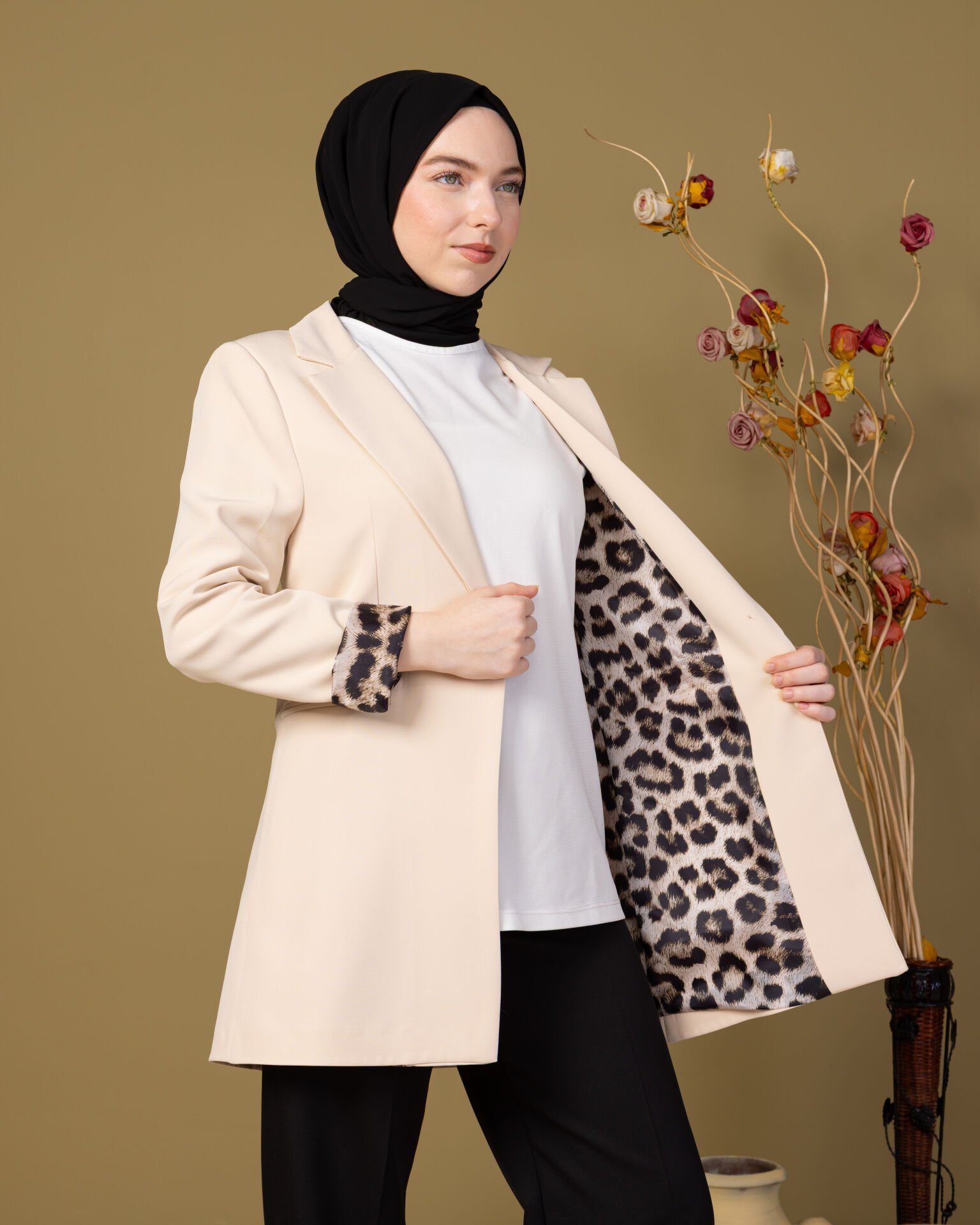 Leopar Dokunuş Blazer Ceket Astarlı Düğmeli-Ekru